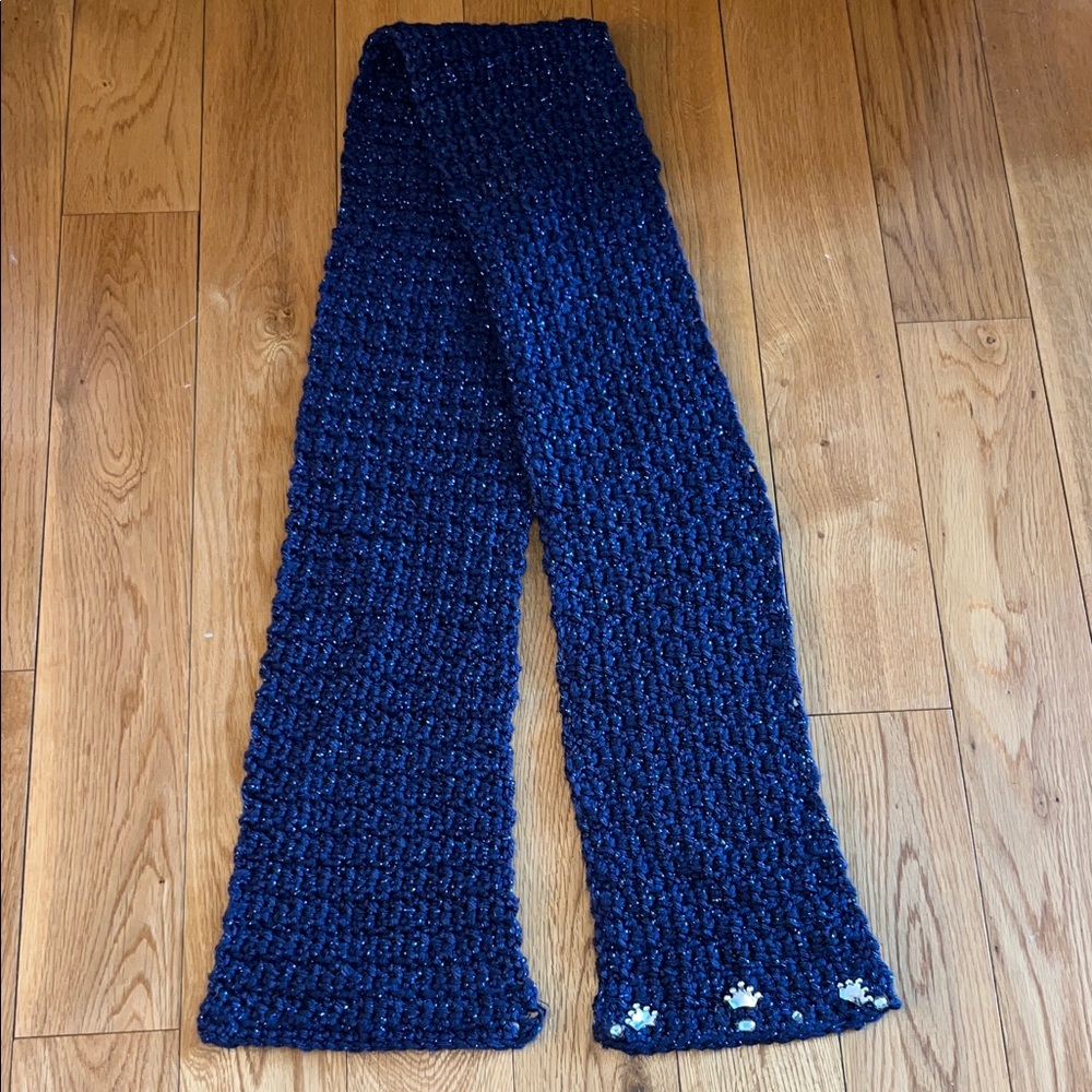 Kids Navy Blue Sparkly Knit Scarf with Silver Princess Crown Gems